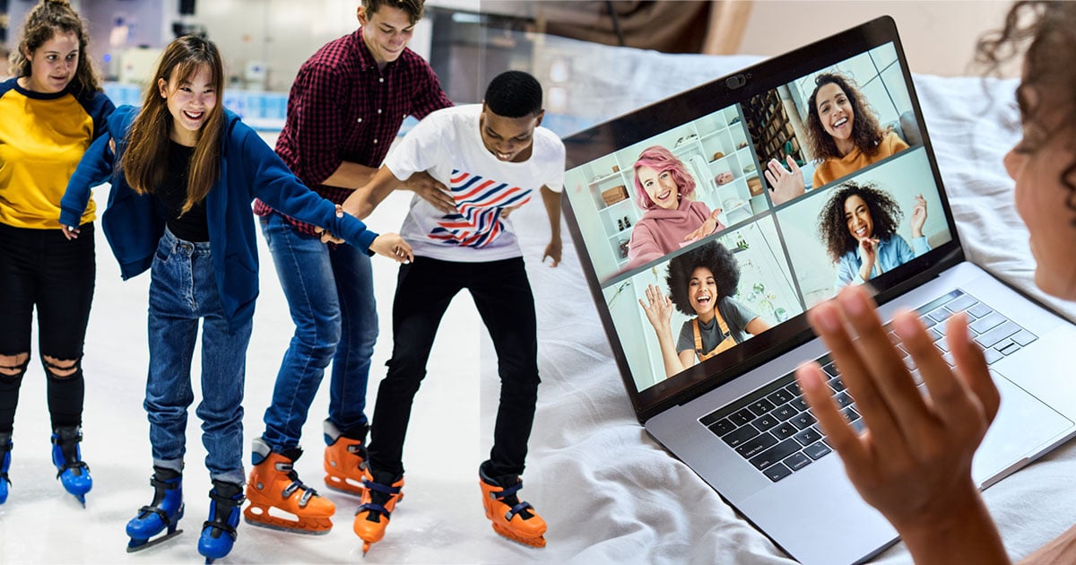 Students ice skating and chatting in an online club